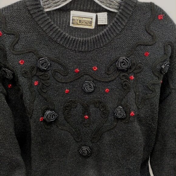 Anytime Glitz Black Sweater Size Medium Floral Red Gems Goth Holiday - Picture 2 of 8